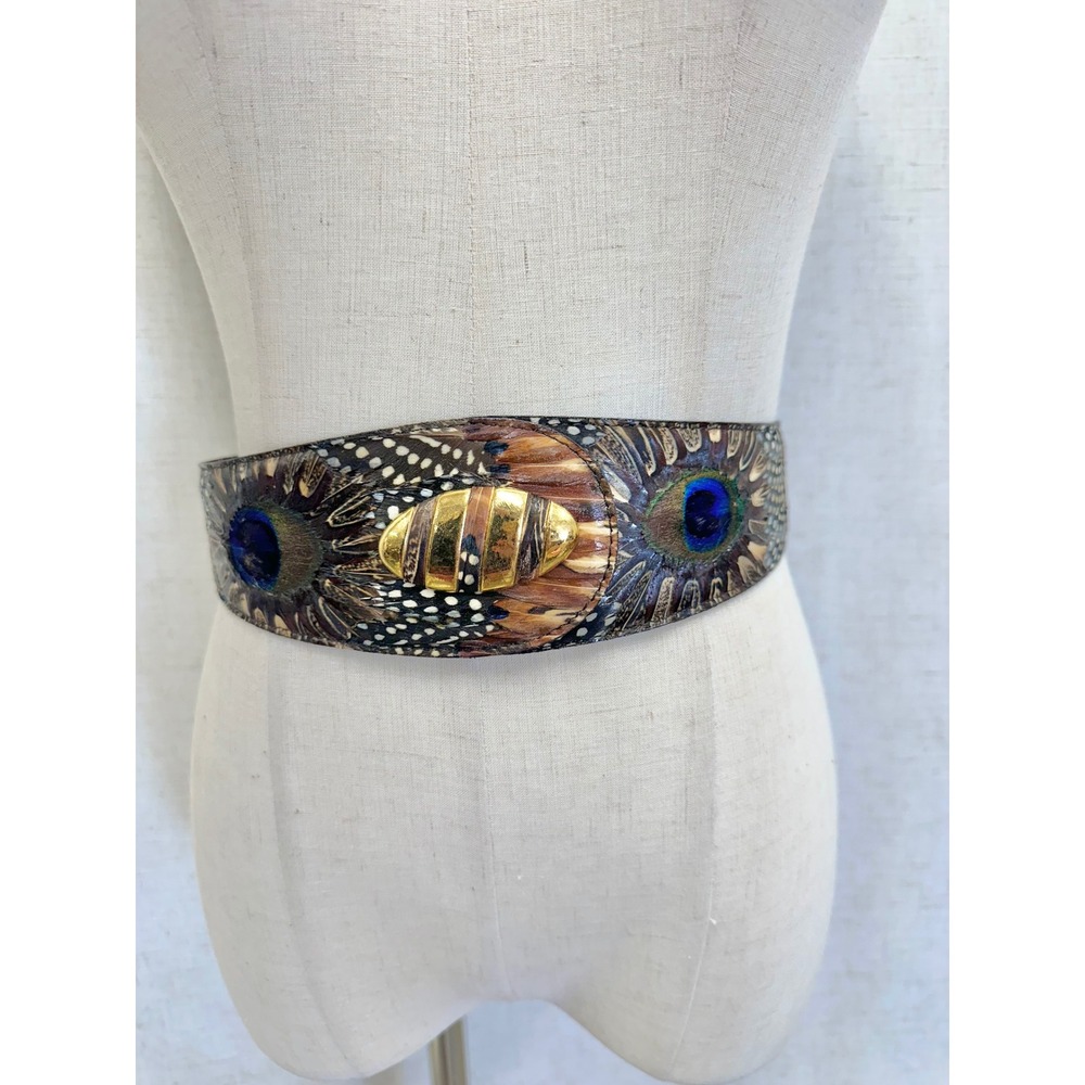Vintage Lee Sands Hawaii Peacock Pheasant Feather Statement Belt Women's Small